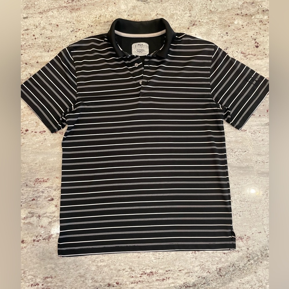 Men’s PGA Tour Black and White Striped Polo Shirt.  EUC.  Size medium.